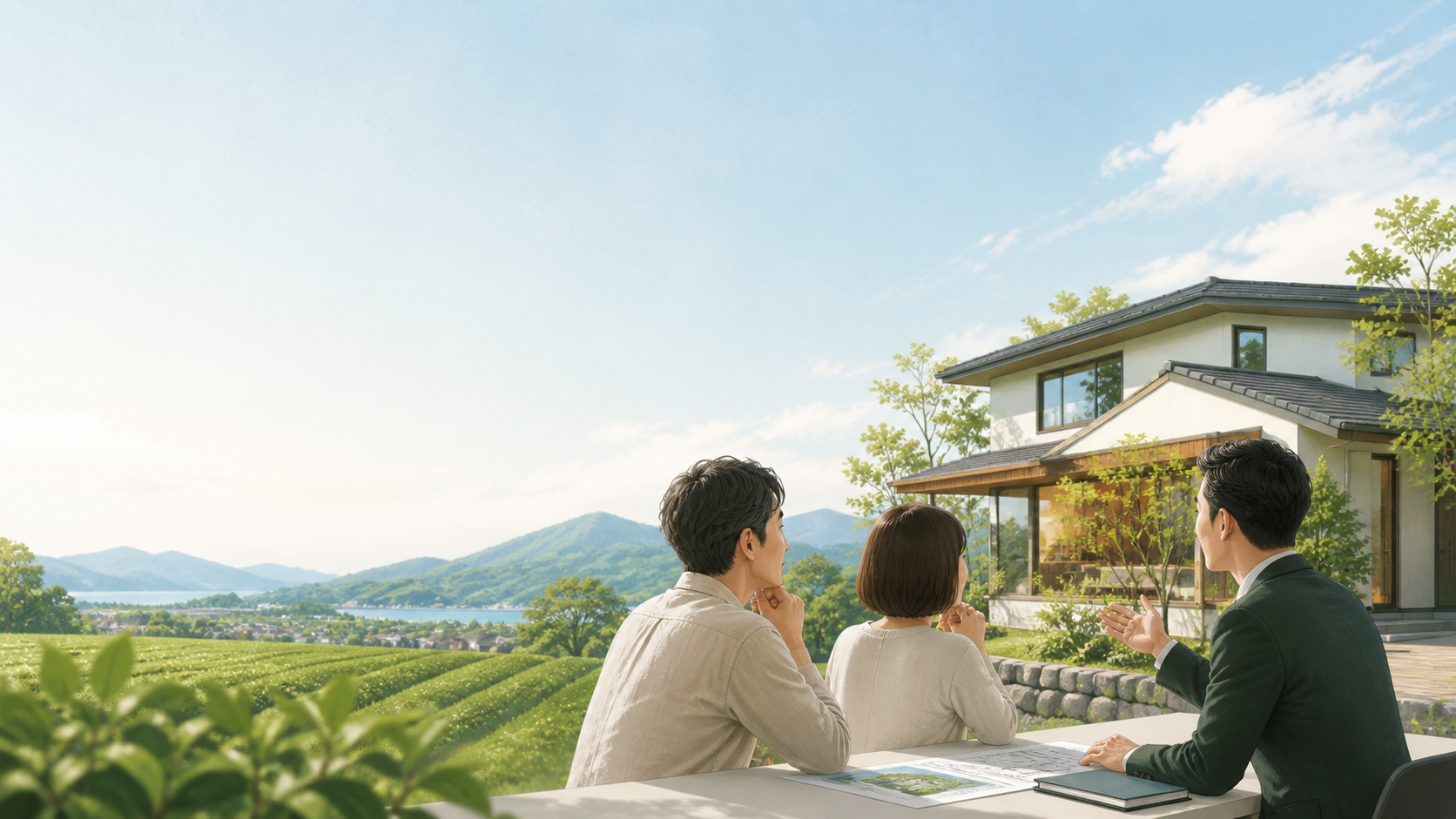 茶畑と山並みを望みながら、売主と担当者が同じ方向を見て売却計画を話し合う様子