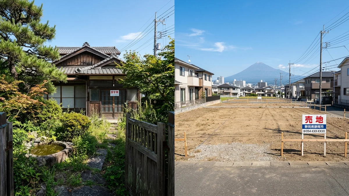 実家解体更地渡しと古家付き売却の比較|固定資産税と解体費用の損得を表す空き家と更地のイメージ写真