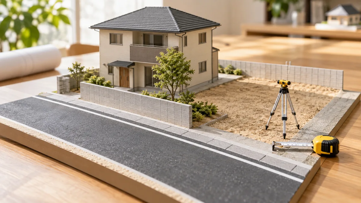 狭い道路に面する土地と塀・樹木、測量器具を配した住宅模型。道路後退の範囲と撤去する物を確認してから売却を考える場面の生成イメージ。