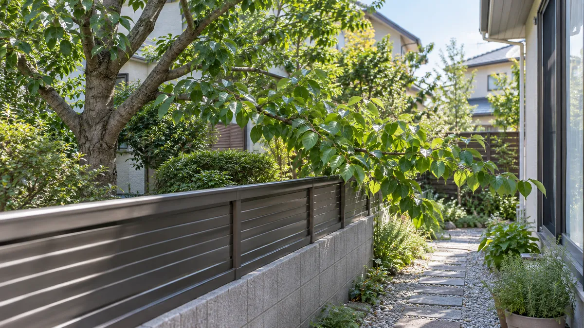 住宅の庭を隔てる塀の向こうに生えた木から、葉の付いた枝が手前の庭の通路へ伸びている様子を表した生成イメージ