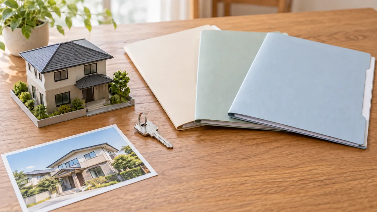 木の机に一戸建ての家模型、鍵、3組の無記名の資料と外観写真を並べ、空き家バンクへの掲載前に登録対象・媒介契約・費用を確かめる準備を表した生成イメージ