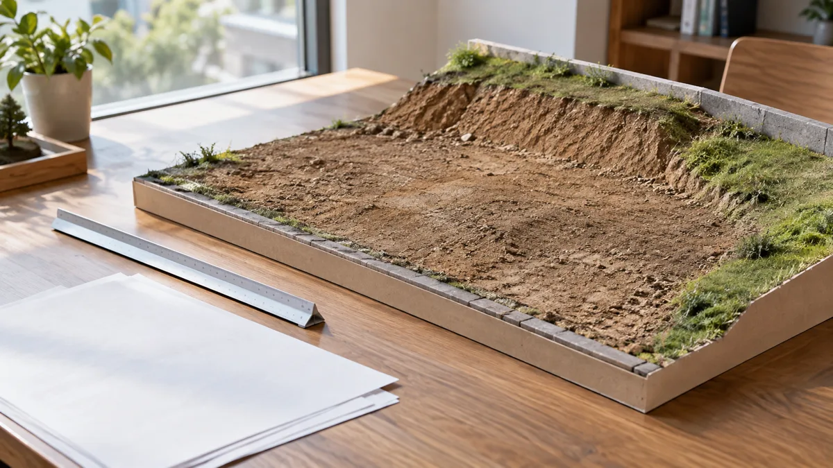 整地前の確認を表す卓上の土地模型。土の高低差と斜面、草の残る縁を、白紙の資料と定規を添えて示した写真調の生成イメージ。