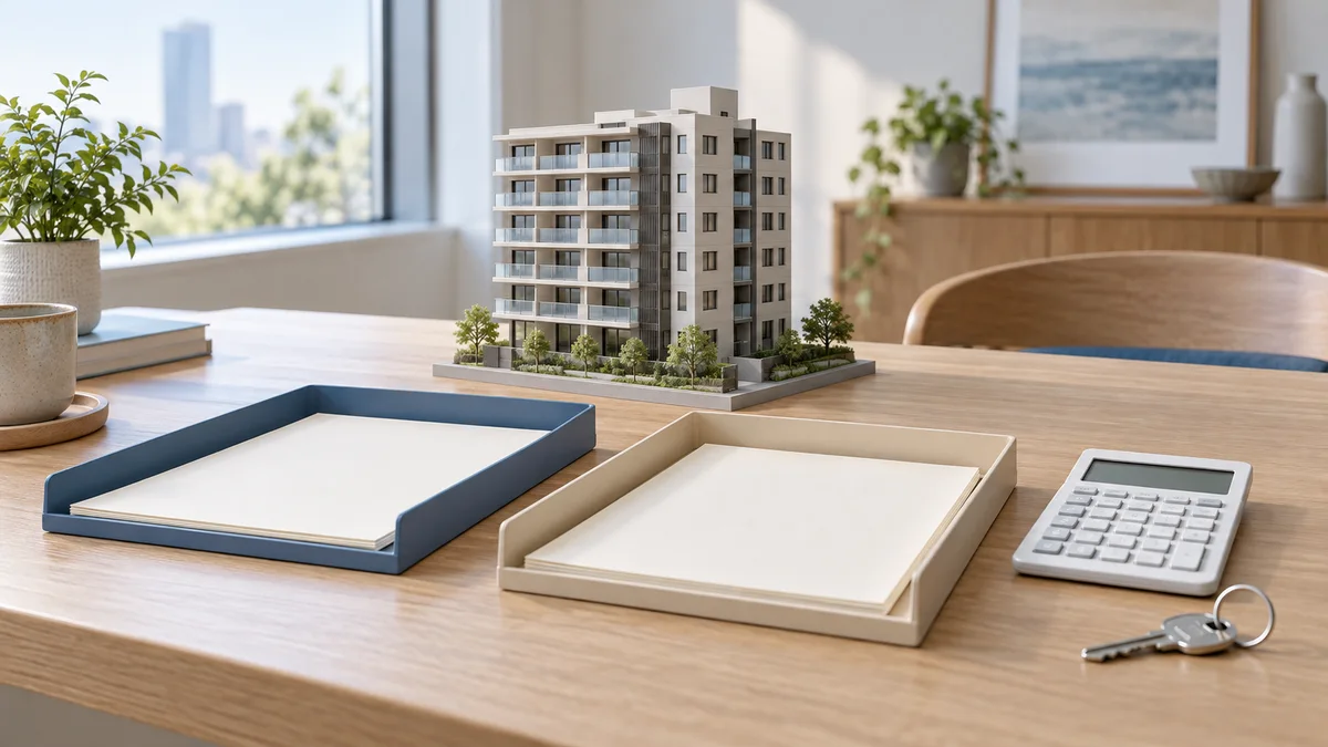 マンション売却で修繕積立金の返還と引渡し時の精算を別々に確認する考え方を、集合住宅の模型、二つの書類トレー、計算機と鍵で表した写真調イメージ