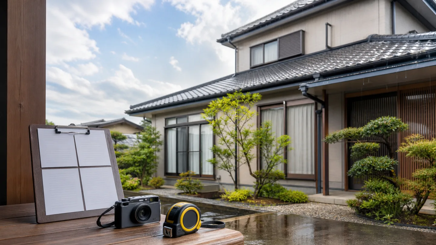記事内容をもとに生成したイメージ:台風被害の家を売る|雨漏り告知に残す4資料